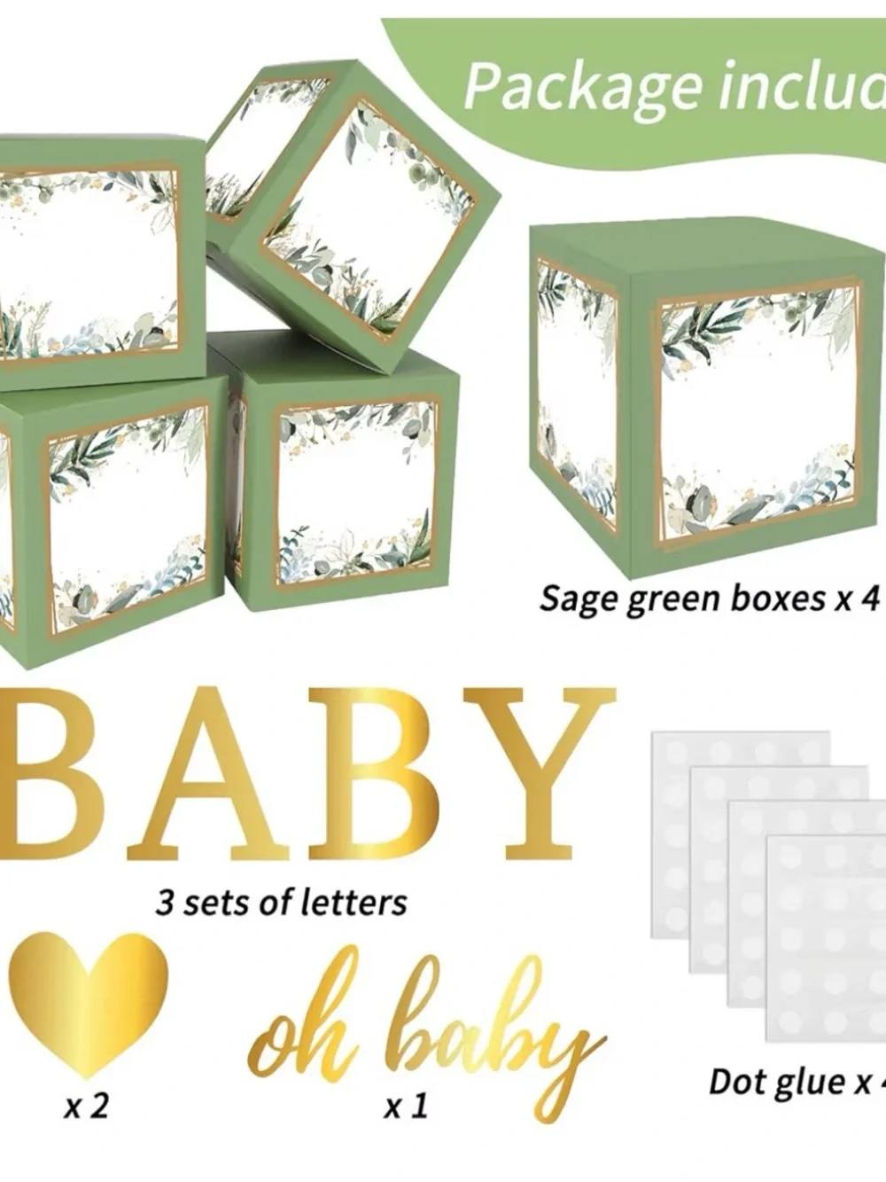 GREEN Gold 'BABY' Stacking Blocks Party Decor